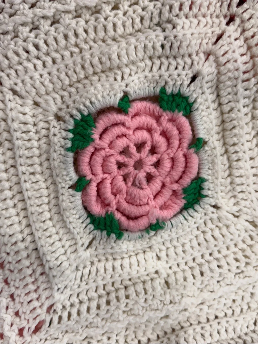 Handmade Cream Crochet Throw Blanket Pink Rose Appliqués King about 117x110”